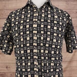 Pierre Cardin Shirt Mens Medium Black Geometric Short Sleeve Button Up Casual